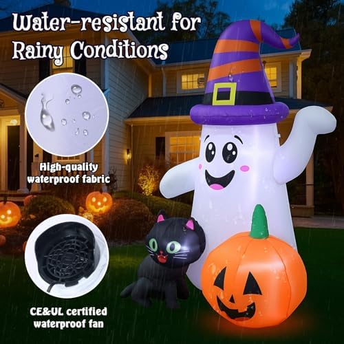 5FT Cute Halloween Inflatables Ghost, Blow Up Wizard Ghost with Pumpkin Black Cat for Garden Lawn Indoor Party Decor, Halloween Decorations Outdoor Inflatables