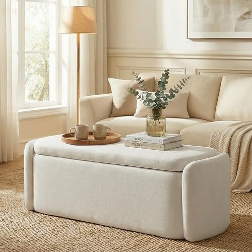VKNOW Storage Bench, Upholstered Storage Ottoman Bench with Hinge, Cream