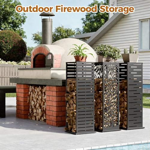 4ft Firewood Rack，Fire Wood Log Holder as Indoor Plant Stand, Outdoor Privacy Screen, Firewood Storage for Fire Pits Fireplace Pergola Gazebo Patio Deck Balcony Black