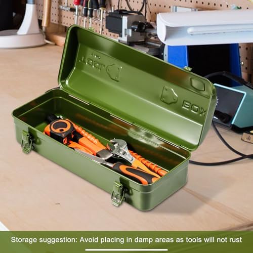 Tool Box, 16.9" Portable Metal Tool Organizer Box with Double Latch Closure and Handle, Heavy Duty Hip Roof Style Tool Chest for Household Workshop Car (Green)