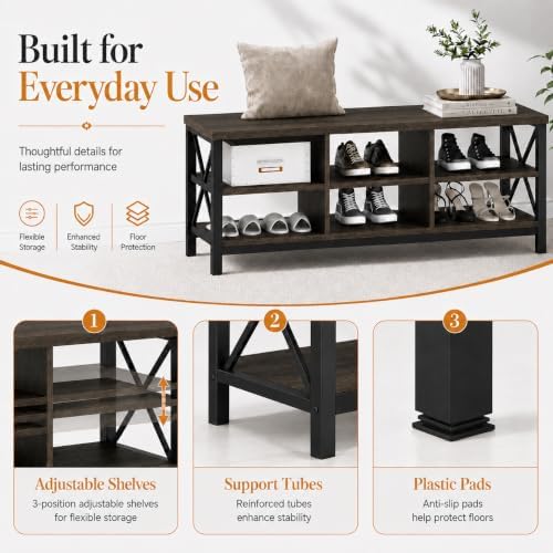 FATORRI Industrial Shoe Bench with Storage, Rustic Entryway Bench