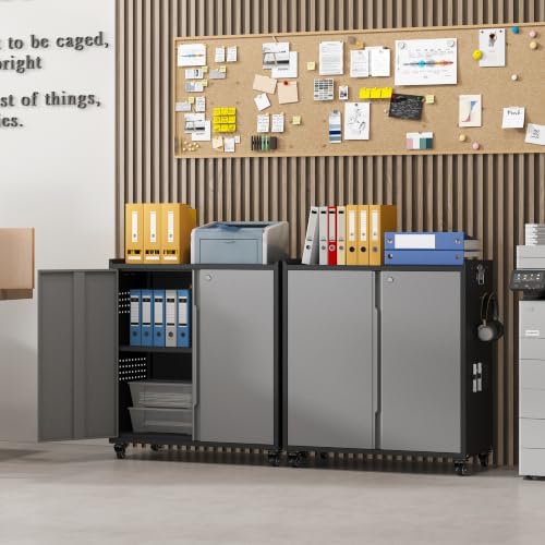 Metal Garage Storage Cabinet with Locking Doors and Adjustable Shelves,34.3" H Small Rolling Tool Storage Cabinet,Lockable Metal Tool Cabinet on Wheels for Garage, Warehouse, Barbershop-Black Gray