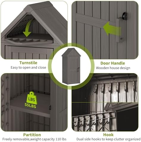 Outdoor Storage Shed, Waterproof Storage Cabinet with Sloping Roof and Lockable Door, Resin Shed with Ample Space, Multiple Hooks for Backyard Patio, Garden, Lawn, Classic Grey