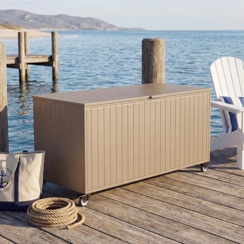 250 Gallon Metal Large Outdoor Deck Box with 4 Wheels, Brown