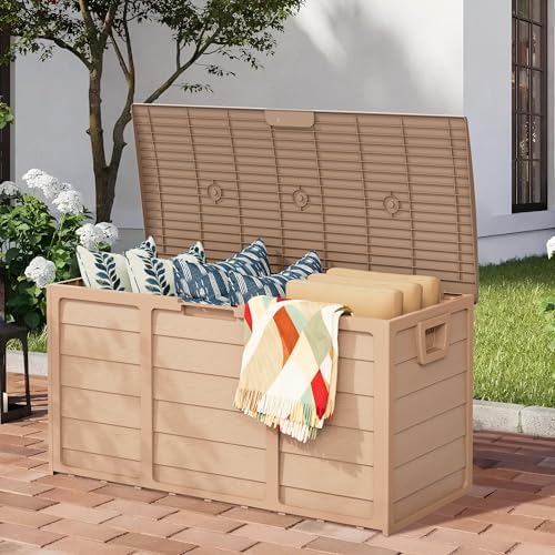 75 Gallon Outdoor Deck Box - Heavy Duty Resin Storage with Lockable Lid, UV Resistant for Patio Furniture Cushions, Pillows (Brown)