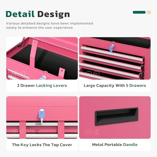 Greenvelly 5-Drawer Tool Chest with Wheels, Pre-Assembled Rolling Tool Chest, Detachable Top Tool Box, Lockable Design, Comes with Drawer Liners & Side Hooks for Garage Workshop Repair Room (Pink)