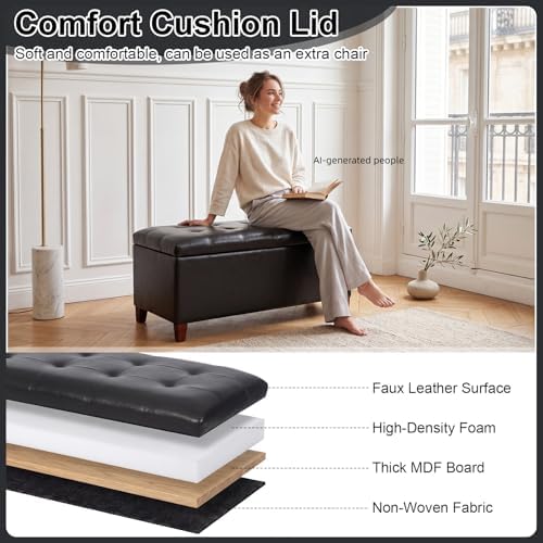 Asense Storage Ottoman Bench, 33" Faux Leather Upholstered End of Bed Bench with Safety Hinge,Wooden Legs,for Entryway Bedroom Living Room,Black