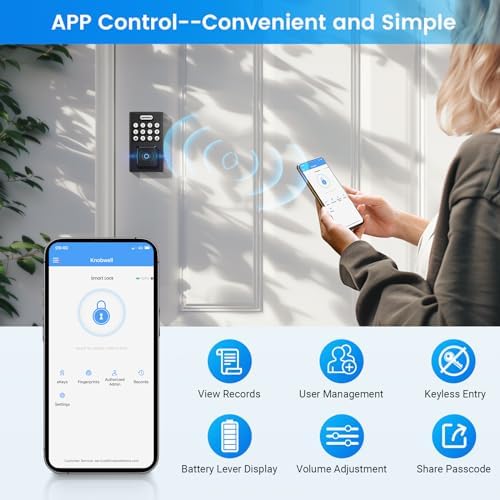 KNOBWELL Smart Lock Deadbolt for Front Door, Fingerprint Keyless Entry Door Lock, Biometric Touch Digital Keypad Deadbolt, Electronic Password Door Locks with Bluetooth and APP Control