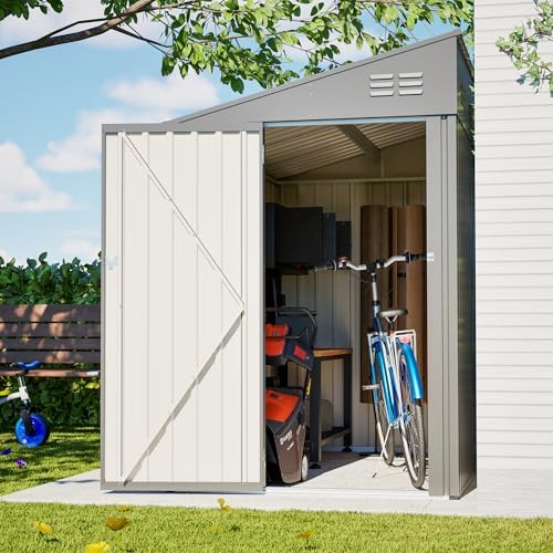 YOPTO 4x7 FT Outdoor Storage Shed Lean to Shed,Metal Shed W/Lockable Door & Air Vent,All Weather Waterproof Garden Tool House W/Reversible Installation,for Backyard,Patio,Lawn,Dark Gray