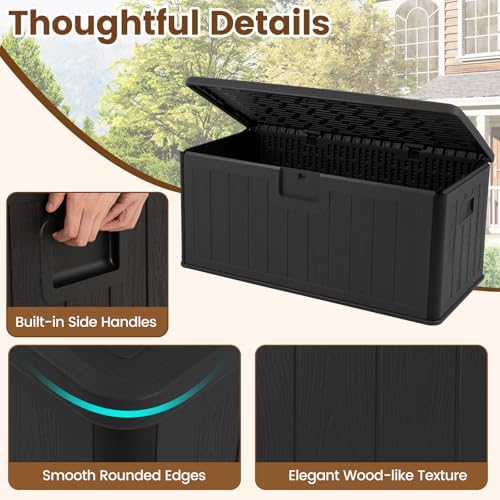GIANTEX 100 Gallon Deck Box, Waterproof Resin Box with Lockable Lid, 440Lbs Outdoor HDPE Storage Container Bench for Patio Furniture Cushions, Pool Tools & Garden Accessories (Black)