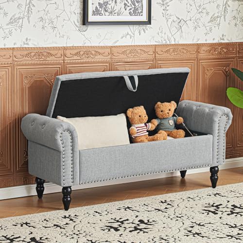 Furniliving 51” Bedroom Bench, End of Bed Bench with Button-Tufted Large Upholstered Storage Bench Ottoman Linen Window Benches with Storage Shoe Cabinet, for Bedroom, Entryway, Closet, Grey