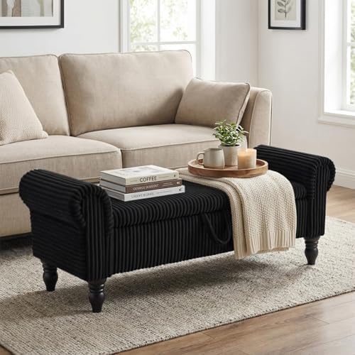 55" Corduroy Storage Ottoman Bench, Queen Bed, Black