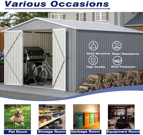 YOPTO 8x12 FT Outdoor Storage Shed W/Floor Frame,Metal Shed W/Double Lockable Doors,Garden Tool House W/ 2 Vents & Sloped Roof,for Backyard Patio Lawn,Gray