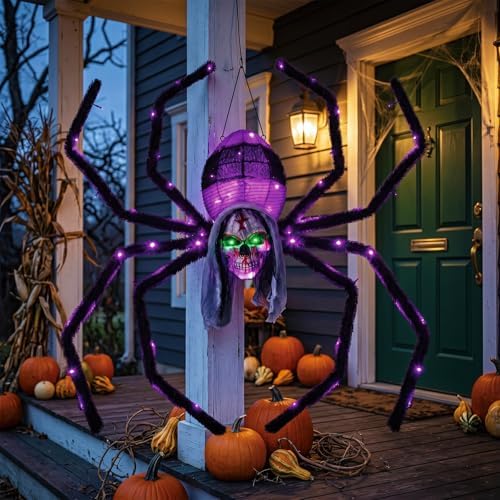 52" Halloween Giant Skull Face Spider, Lighted Outdoor Decoration with Flashing Red & Green Eyes, 70 LED Glowing Spider for Yard, Lawn, Porch, Haunted House Decor (52" Wall-Mounted)