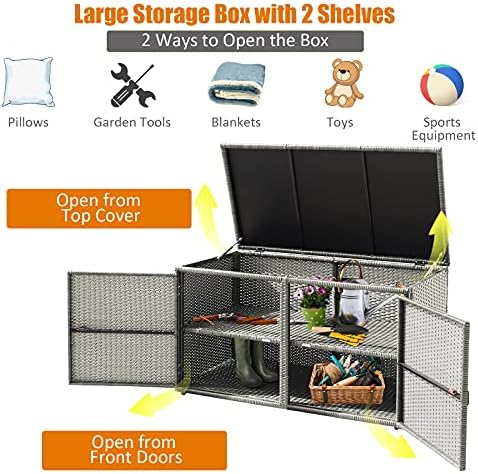 DORTALA 88 Gallon Deck Box Organizer, Wicker Large Indoor Outdoor Storage Container Cabinet for Patio Furniture Cushions Garden Tools, Gray