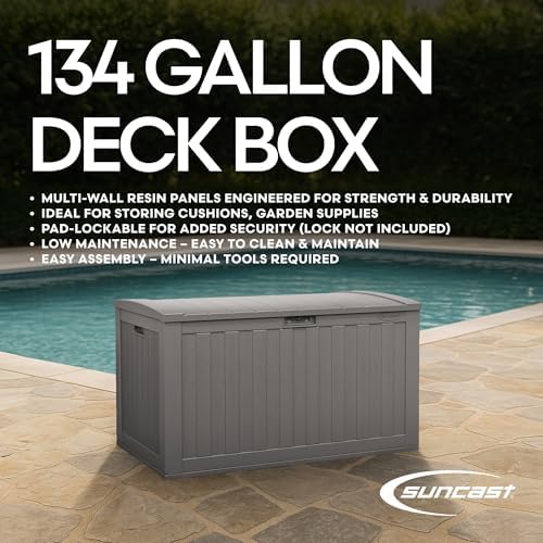 Suncast XL Resin Deck Box, 134 Gal, with Pad-Lockable Lid, Dove Gray