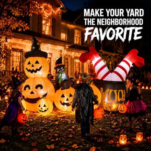 9FT Giant Halloween Inflatables Pumpkins with Witch Outdoor Decorations, Blow Ups 7 PCS Pumpkins with Build-in LED Lights, Funny Yard Garden Decoration for Halloween Party Indoor Outdoor