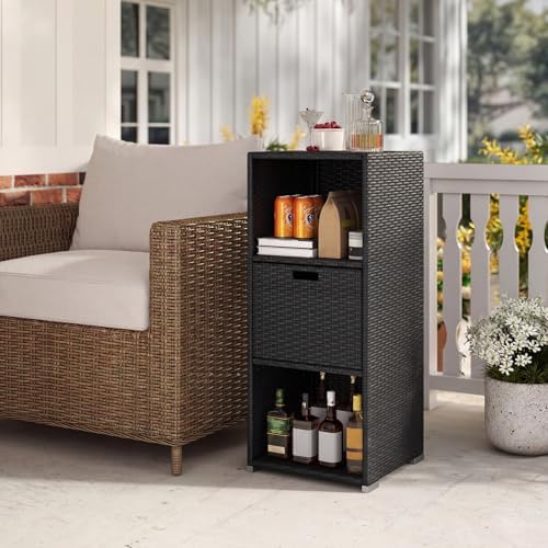 Tangkula Rattan Outdoor Storage Cabinet, Patiojoy Outdoor Wicker Cabinet with 3 Shelves, 1 Removable Drawer, Patio Storage Deck Box for Backyard Poolside Porch