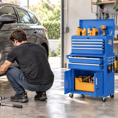 Bonusall 8 Drawer Rolling Tool Chest and Cabinet Combo,Heavy-Duty Metal Garage Tool Chest with Wheels and 2 Doors,2-in-1 Top Box and Roller Cabinet Combo for Garage, Workshop, Warehouse-Blue