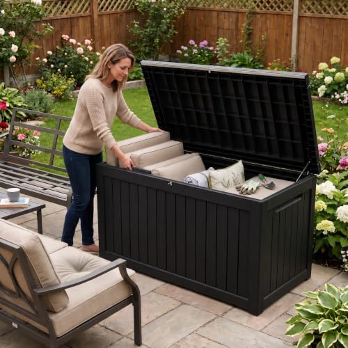 300 Gallon Outdoor Storage Box Resin Deck Box All Weather Waterproof Large Lockable Storage Container Deck Box for Patio Furniture, Garden Tools, Lockable, Black New