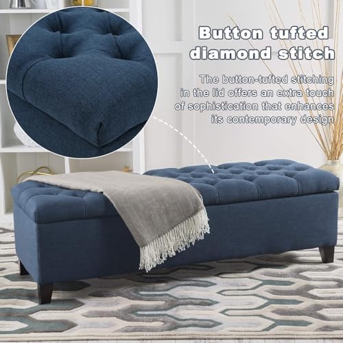 Fabric Storage Ottoman Bench, 51" Navy Blue Storage Bench End of Bed, Entryway Bedroom Benchs with Safety Hinges, Button Tufted Ottoman with Storage for Living Room, Entryway and Hallway