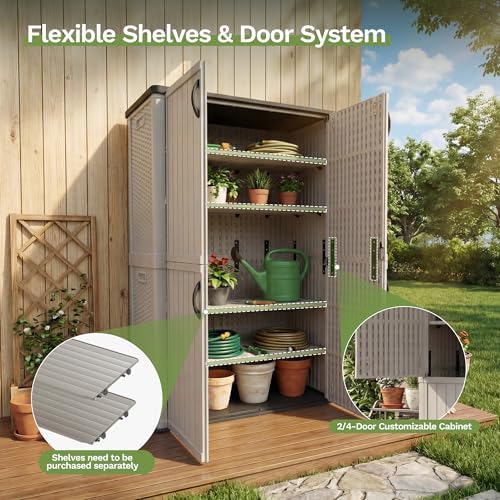 Patiowell 50 cu.ft Plastic Vertical Outdoor Storage Shed, Beige