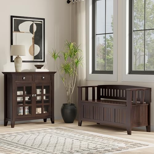 SIMPLIHOME Acadian 2-Seater Storage Bench and Cabinet Set in Brunette Brown