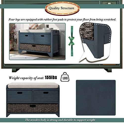 SOFTSEA Storage Bench with Drawers and Basket, Farmhouse Shoe Bench with Seating and Cushion for Hallway Entryway Living Room, Full Assembled, Navy
