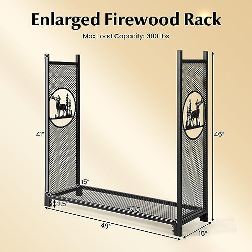 Goplus Firewood Rack Outdoor, 4 FT Metal Firewood Holder with Mesh Sides & Base, Decorative Deer Patterns, Indoor Log Storage Rack, Wood Rack for Fireplace, Fire Pit, Woodstove (48" x 15" x 46")