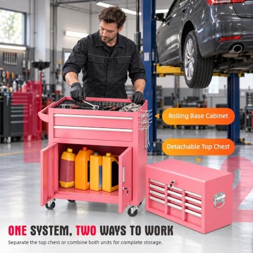Bonusall Rolling Tool Chest with Wheels, 8 Drawer Metal Tool Cart with Portable Tool Box and Work Bench, Assembled Tool Chest with Drawer and Hooks for Garage, Workshop, Warehouse - Pink