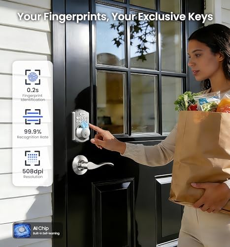 Veise VE012W-B Smart Wi-Fi Deadbolt Lock with Handle Set, Satin Nickel