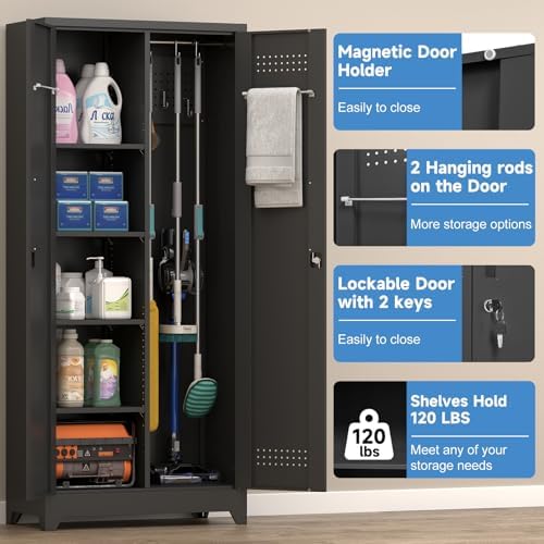 72.8" H Metal Broom Closet Storage Cabinet, Garage Storage Cabinet with Pegboard & Hanging Rod Hooks, Tall Storage Cabinet for Garage, Laundry Room, Black