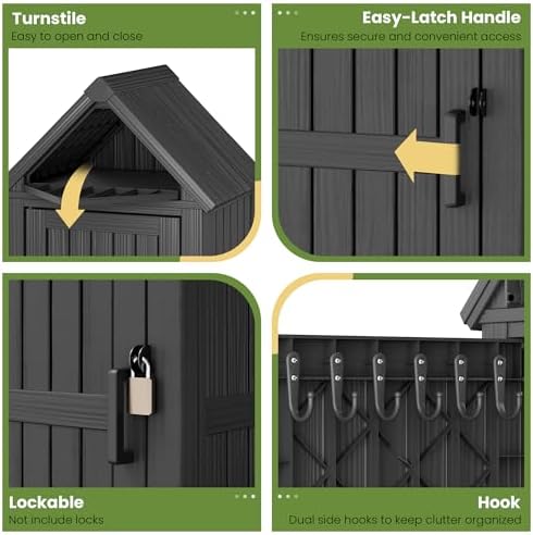 Fancyango Outdoor Resin Storage Cabinet Sturdy All-Weather Shed with Removable Shelves Lock Ring & Reinforced Floor – for Garden Patio Lawn (Black)