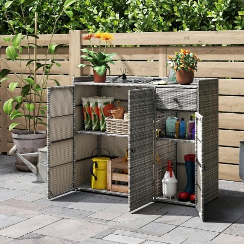 Tangkula Rattan Outdoor Storage Cabinet with 2 Adjustable Shelves