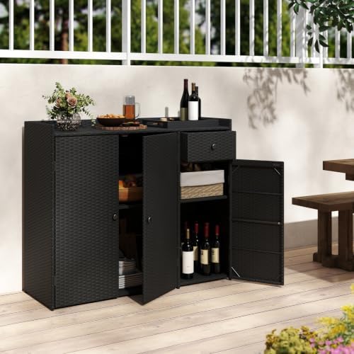 Tangkula Rattan Outdoor Storage Cabinet with 2 Adjustable Shelves