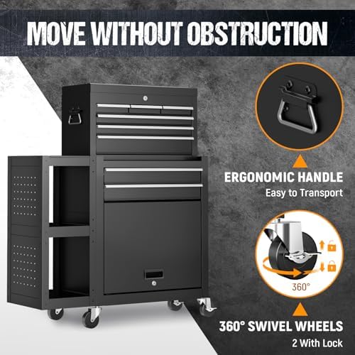 8-Drawer Rolling Tool Chest,3-in-1 Tool Box on Wheels with Lockable Steel Cabinet, Detachable Top Toolbox & Bottom Storage Cart with Additional Cabinet for Repair Room,Warehouse, Black New