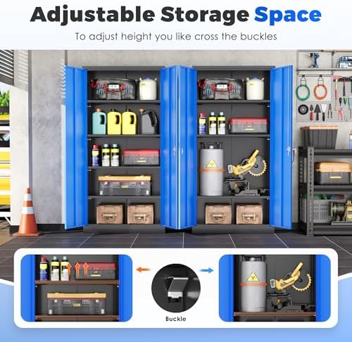 INTERGREAT Metal Garage Storage Cabinet with Lock, 72" Storage Cabinet with Locking Doors and 4 Adjustable Shelves, Lockable Steel Tool Cabinet for Home Office, School, Black Blue