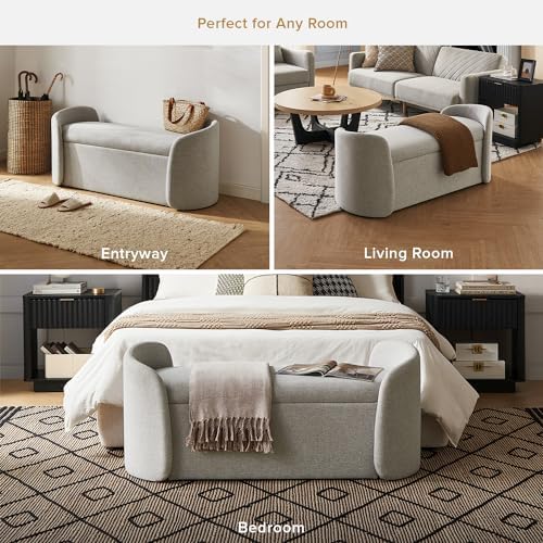mopio Sophie 51" Ottoman Storage Bench, Entryway and Window Seating, End of Bed Curved Stool for King & Queen Bed, Storage Chest for Bedroom (Light Gray Fabric)