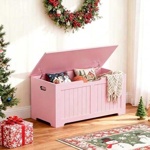SUPER DEAL Storage Chest, 39 inches Chest Box Organizer with 2 Safety Hinges, Wooden Entryway Shoe Organizer Storage Bench, Pink