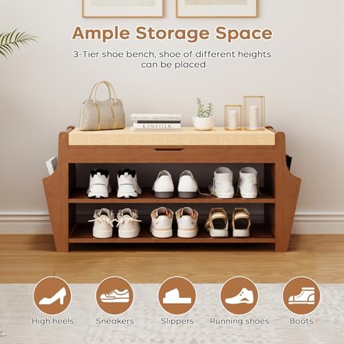 Shoe Bench 34.3in, Bamboo 3-Tier Entryway Bench with Storage, Shoe Rack