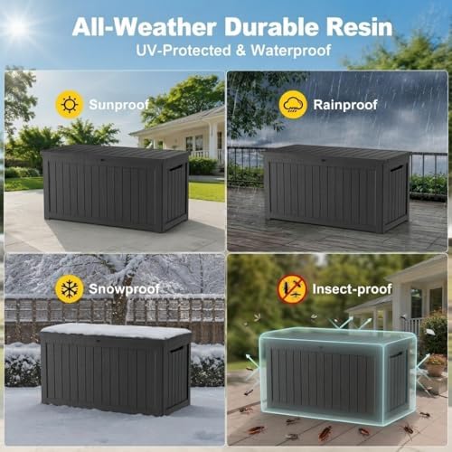 300 Gallon Outdoor Storage Box Resin Deck Box All Weather Waterproof Large Lockable Storage Container Deck Box for Patio Furniture, Garden Tools, Lockable, Black New