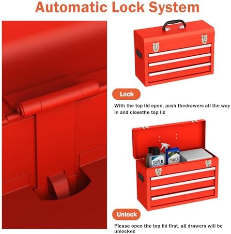 3 Drawer Metal Tool Box, Heavy Duty Steel Tool Chest with Ball Bearing Drawers, Portable Metal Toolbox with EVC Liners and Latches Closure, Powder Coated Tool Storage for Garage, Workbench & Home