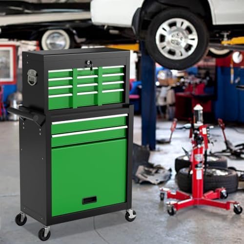 8-Drawer Rolling Tool Chest, High Capacity Removable Tool Storage Cabinet, Detachable Toolbox with Lock for Garage Workshop and Workshop (Blackgreen)
