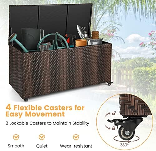 GIANTEX 96-Gallon Outdoor Storage Box - PE Wicker Deck Box with Lid, 4 Wheels, Waterproof Liner, outside Rattan Storage Container for Patio Cushions, Garden Tools Accessories Storage Box (Mix Brown)