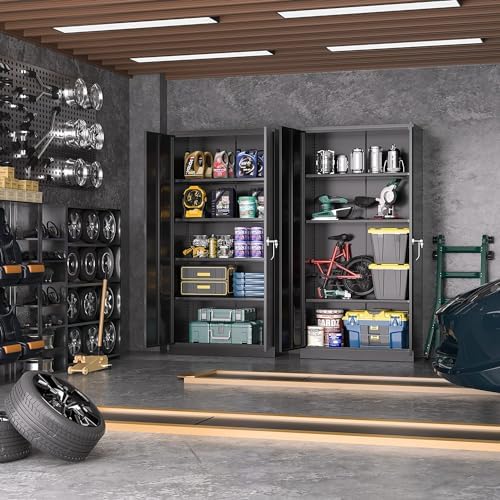 Bonusall Metal Tool Garage Cabinets with 2 Door and 4 Shelves, Locking Cabinet for Garage Storage,Tall Garage Storage Cabinets for Home Office, Warehouse,School(Black)