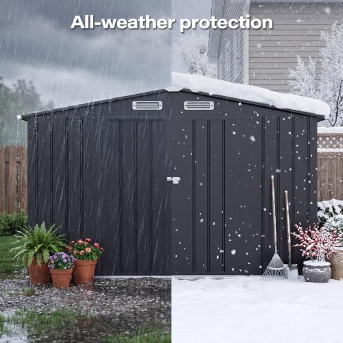 LAUSAINT HOME 10 x 10 FT Outdoor Storage Shed with Windows, Heavy Duty Galvanized Steel Storage Shed with Double Lockable Doors, Gable Roof & Air Vent for Backyard & Patio, Black
