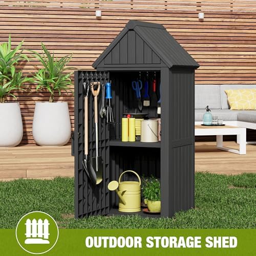 Outdoor Storage Shed, Waterproof Storage Cabinet with Ample Space, Sturdy Resin with Lockable Door and Sloping Roof, Multiple Hooks for Backyard, Garden, Patio & Lawn, Black