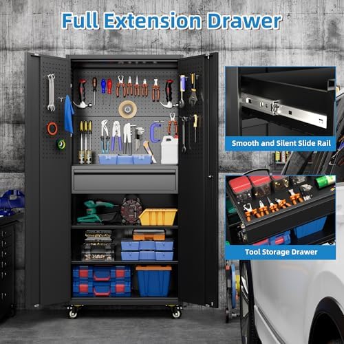 Reemoon 71" Metal Garage Cabinet with Wheels, Drawer and Pegboard