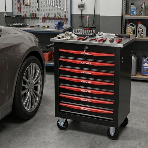 Rolling Tool Chest,Stainless Steel Worktop,Black,7‑Drawer