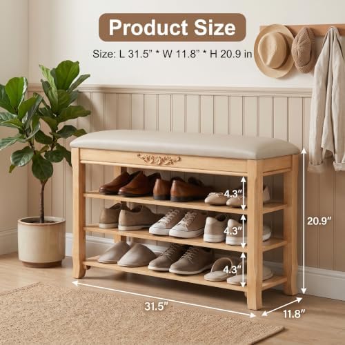 Shoe Rack Bench Entryway Storage with Leather Cushion, 31.5"